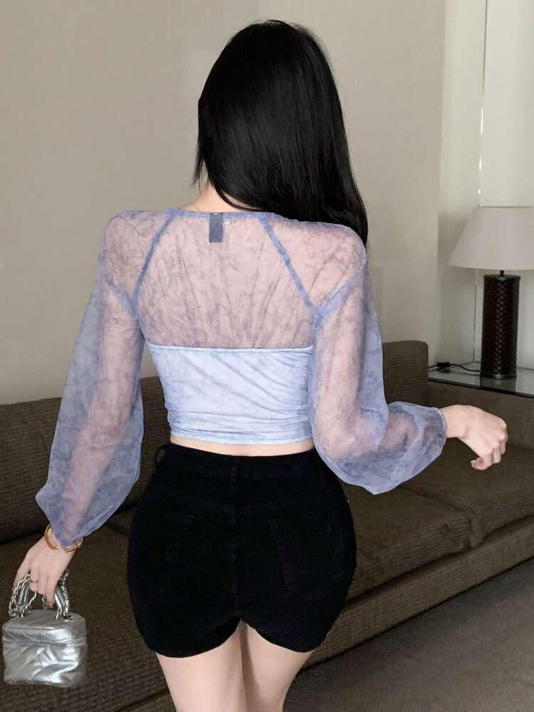 Women's Floral Sheer Mesh Top Long Sleeve Women Tops