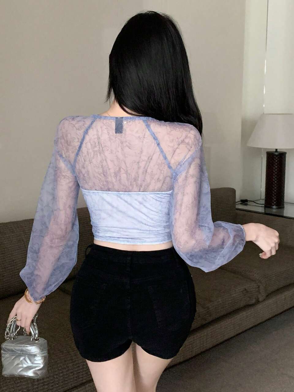 Women's Floral Sheer Mesh Top Long Sleeve Women Tops