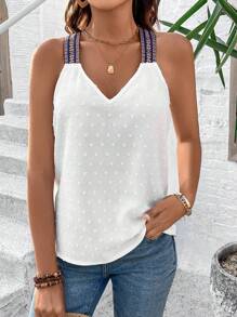 Breezaya Embroidered Wide Strap Wrap Around Back Camisole Top - White - View 6