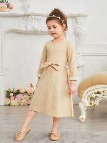 SHEIN Ramadan Young Girls' Casual Plain Color Fringed V-Neck Long Sleeve Dress, Suitable For Daily Wear, Festivals, And Parties, Summer