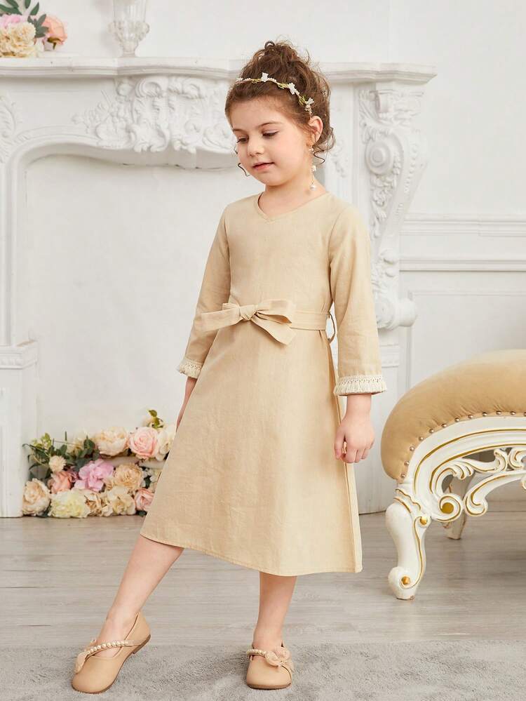 Ramadan Young Girls' Casual Plain Color Fringed V-Neck Long Sleeve Dress, Suitable For Daily Wear, Festivals, And Parties, Summer