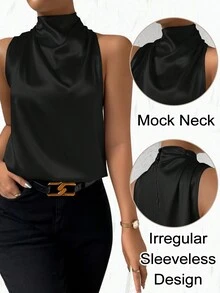 Solid Asymmetrical Shoulder Mock Neck Blouse - Black - View 7