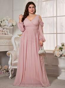 Plus Size Women Open Shoulder Long Sleeve Chiffon Bridesmaid Dress - Pink - View 1