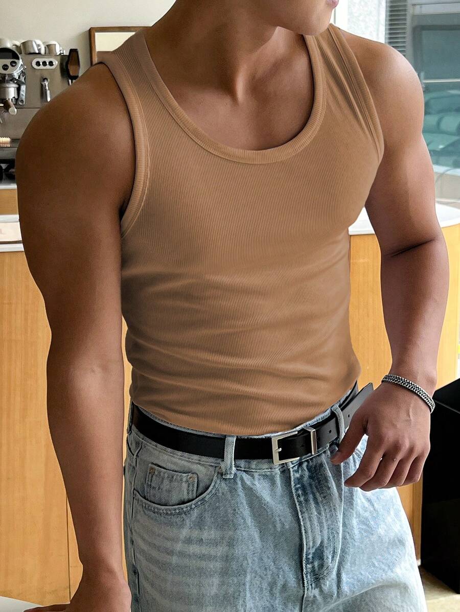 DAZY 男士基本款肋紋背心 - 杏色 - 查看 1