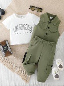 SHEIN Baby Boy Casual Sporty Workwear Three-Piece Set For Summer - Army Green - View 3