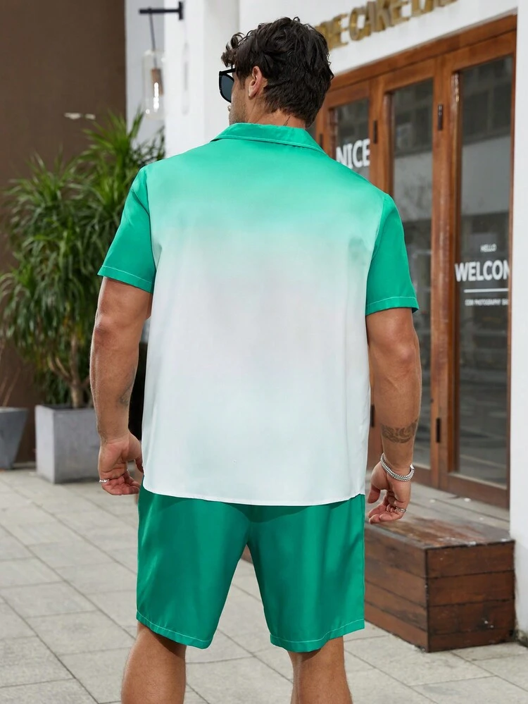Men's Plus Size Coconut Tree Print Gradient Short Sleeve Shirt And Shorts Set