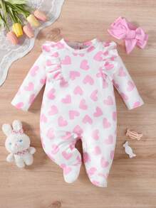 Baby Girl Pink Heart Print Long Sleeve Jumpsuit With Headband 2 Pieces Set For Home Wear - Pink - View 1