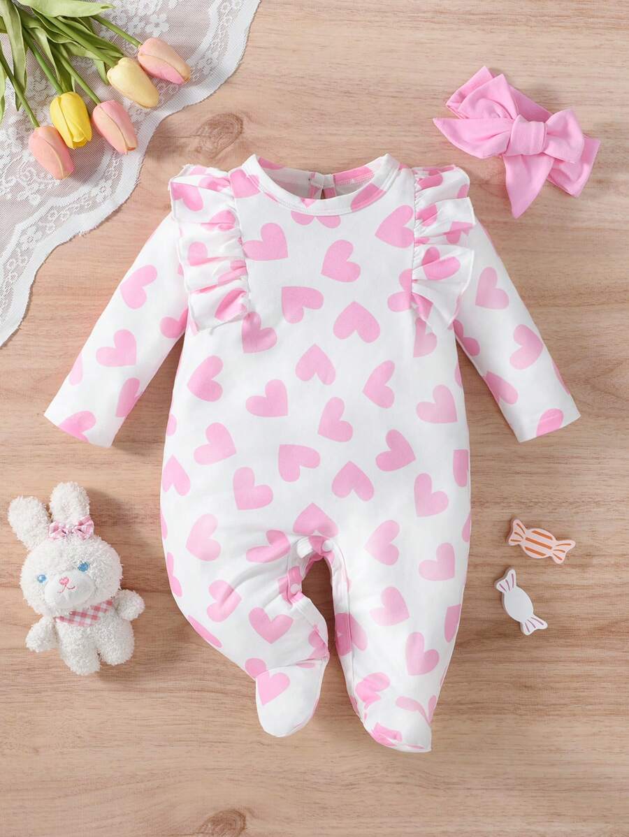 Baby Girl Pink Heart Print Long Sleeve Jumpsuit With Headband 2 Pieces Set For Home Wear - Pink - View 1