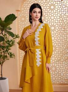 Al Najma Floral Applique Lantern Sleeve Arabian Dress With Patchwork - Yellow - View 1