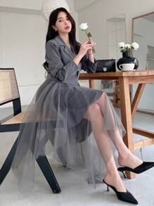 DAZY 女士网纱拼接吊带连衣裙和西装外套两件套，秋季商务装 - 灰色 - 查看 6