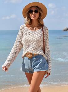 EURMUSE Ladies' Hollow Out Knitted Drop Shoulder Sweater - Beige - View 5