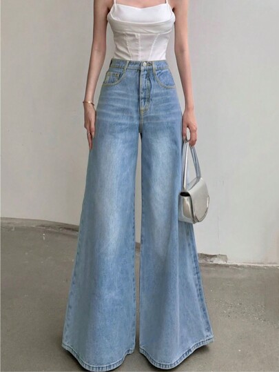 Jeans anchos de pierna ancha sueltos y lavados casual para mujer