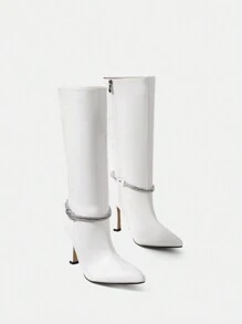 CUCCOO SZL Sexy Fashionable White Pu Diamond Strap Decoration Pointed Toe High Heel Over The Knee Boots For Women