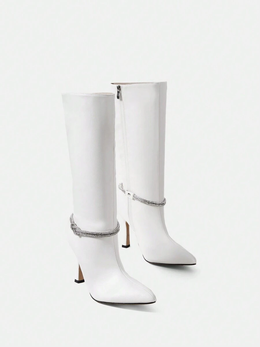 CUCCOO SZL Sexy Fashionable White Pu Diamond Strap Decoration Pointed Toe High Heel Over The Knee Boots For Women