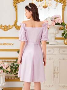 Vestido Con Hombros Descubiertos De Color Liso Para Niñas Adolescentes - Púrpura malva - Ver 2