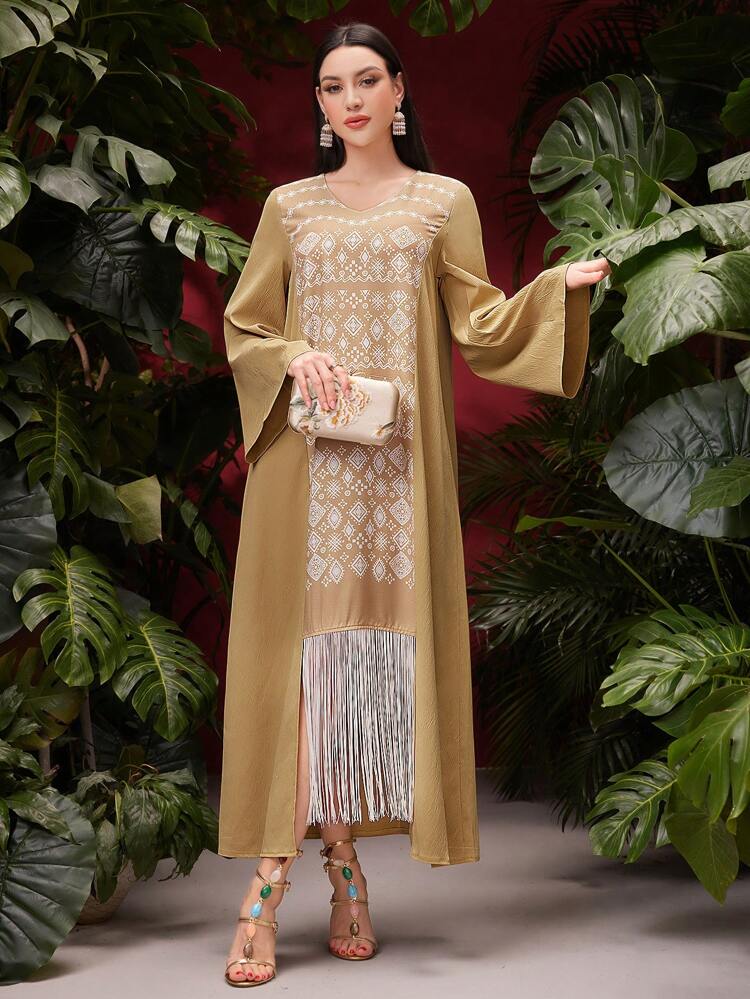 Women's Geometric Print Fringed Hem Arabian Jalabiya Dress