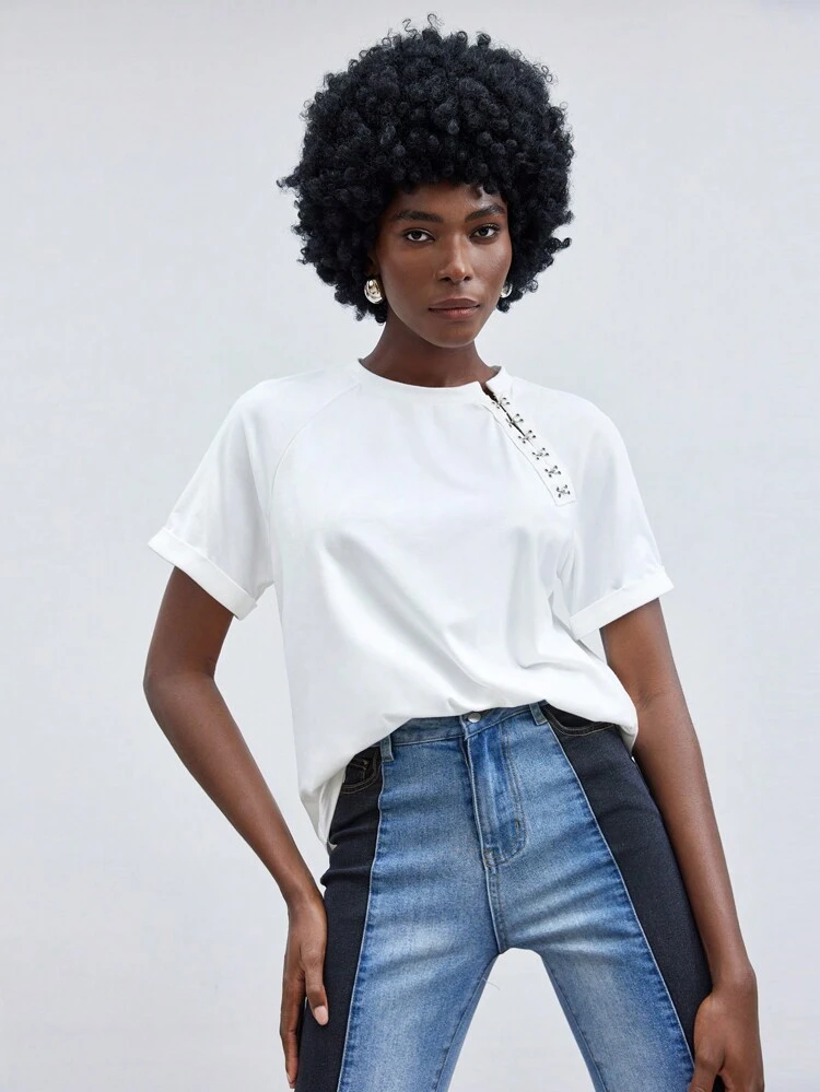 SHEIN Maija 여성용 아이렛 디테일 반팔 티셔츠