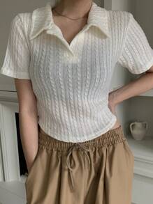 DAZY Ladies' Solid Color Turn-Down Collar Short Sleeve T-Shirt