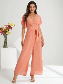 SHEIN Clasi Women's Solid Color Wrap Tie Jumpsuit - Coral Orange - View 4