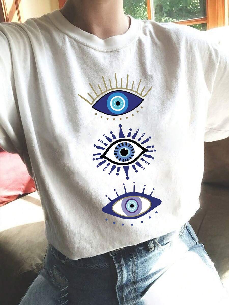 SHEIN Essnce 女士眼睛圖案短袖t卹 - 白色 - 查看 1
