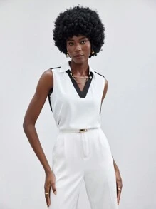 BizChic Débardeur Col En V Sans Manches Pour Femme Avec Bloc De Couleur - Blanc - Voir 6