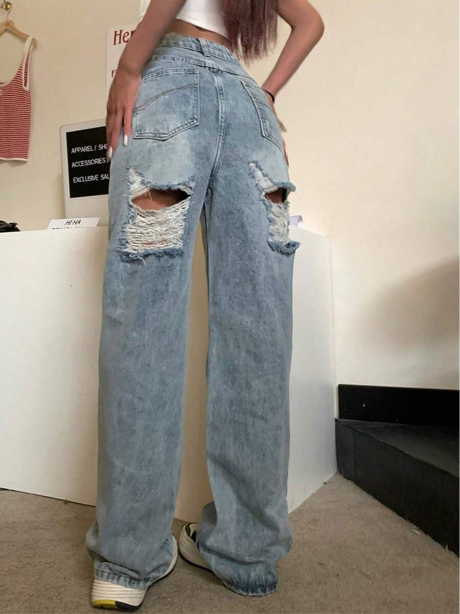 Quần jeans ống rộng cạp cao dáng rộng, rộng thùng thình cho nữ phong cách đường phố - Rửa nhẹ - Xem 1