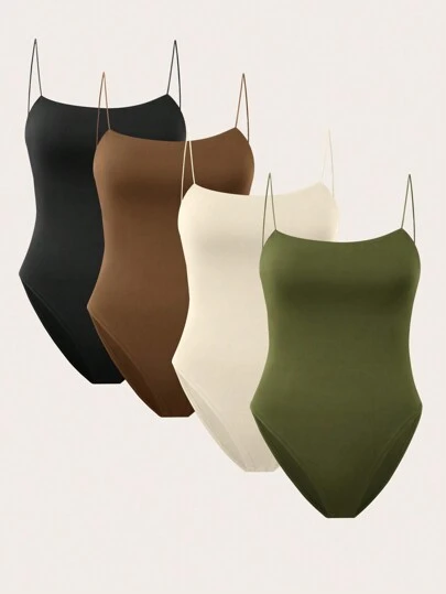 SHEIN 4pcs Solid Color Slim-Fit Strap Bodysuit