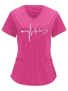 Heart Printed Scrub T-Shirt - Hot Pink - View 1
