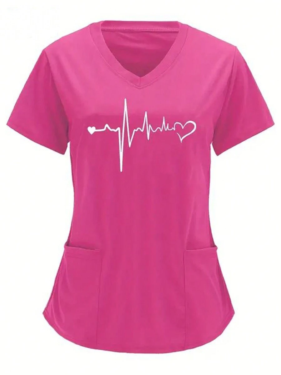 Heart Printed Scrub T-Shirt - Hot Pink - View 1
