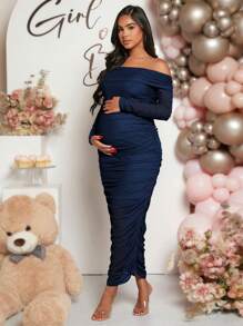 Loomaby Maternity Off-Shoulder Ruched Bodycon Dress With Long Sleeve, For Baby Shower