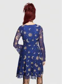 ROMWE Hippie 女式網紗喇叭袖連身裙配太陽、月亮和星星圖案 - 藍色 - 查看 10
