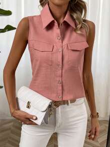 SHEIN LUNE Women'S Sleeveless Shirt With Lapel Collar And Pocket - Dusty Pink - View 5