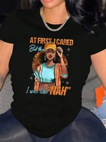 INAWLY 女裝加大碼卡通人物口號印花t恤 - 黑色 - 查看 1