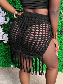 Slaydiva 1pc Bohemian Style Fringed Knitted Skirt For Vacation - Black - View 2