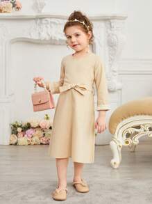 SHEIN Ramadan Young Girls' Casual Plain Color Fringed V-Neck Long Sleeve Dress, Suitable For Daily Wear, Festivals, And Parties, Summer