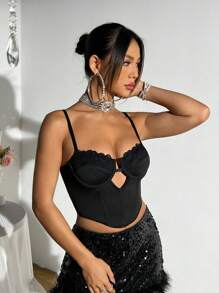 SHEIN ICON Corsé Negro Con Copas Perforadas, Encaje De Remiendo Y Estructura Con Aro - Negro - Ver 5