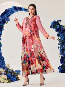 Al Najma 水洗紮染花卉拼接亮片點綴絲帶束腰連衣裙 - 彩色 - 查看 6