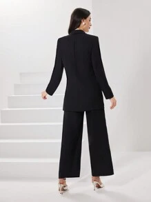 Modelyn 珠饰披肩领长袖西装外套和裤子套装女士商务西装两件套 - 黑色 - 查看 6
