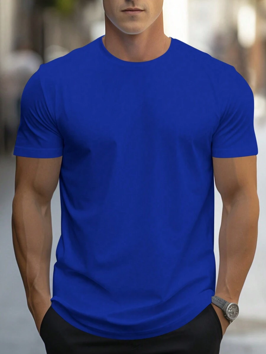 Manfinity Homme Camiseta De Manga Corta Cuello Redondo Y Sólido Para Hombre - azul real - Ver 1