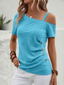 EMERY ROSE Women's Asymmetrical Neckline Button Decorated T-Shirt - Mint Blue - View 7