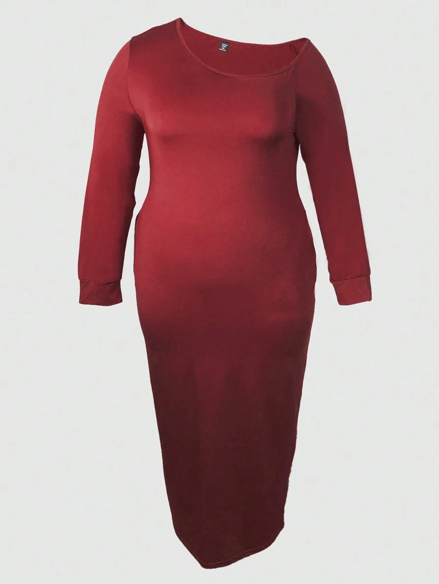 SHEIN Clasi Plus Size Asymmetrical Neckline Long Sleeve Dress - Burgundy - View 1
