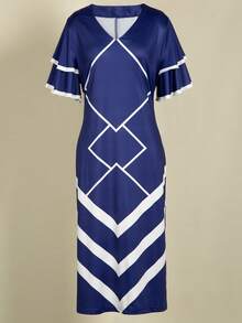 Plus Size V-Neck Ruffle Sleeve Waist Cinched Colorblock Geometric Print Dress Casual Summer Elegant - Blue - View 7