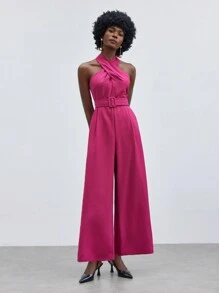 Maija 女士交叉掛脖繫帶連身褲 - 玫紅色 - 查看 10