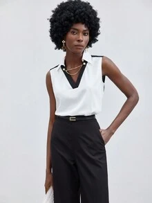 BizChic Débardeur Col En V Sans Manches Pour Femme Avec Bloc De Couleur - Blanc - Voir 9
