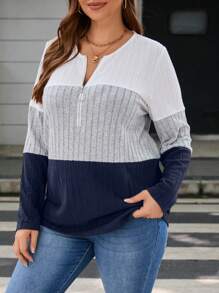 SHEIN LUNE 大尺寸半拉鍊長袖t卹 - 藏蓝色 - 查看 5