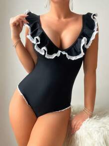 SHEIN Swim Women'S Black One-Piece Swimsuit With Ruffle Trim Music Festival Summer