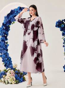 Al Najma Batik-kleid Mit Ausgestellten Ärmeln Für Damen - Altrosa - Übersicht 7