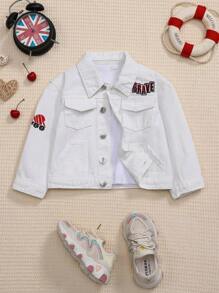 Young Boy Truck & Letter Embroidered Drop Shoulder Denim Jacket - Beige - View 1