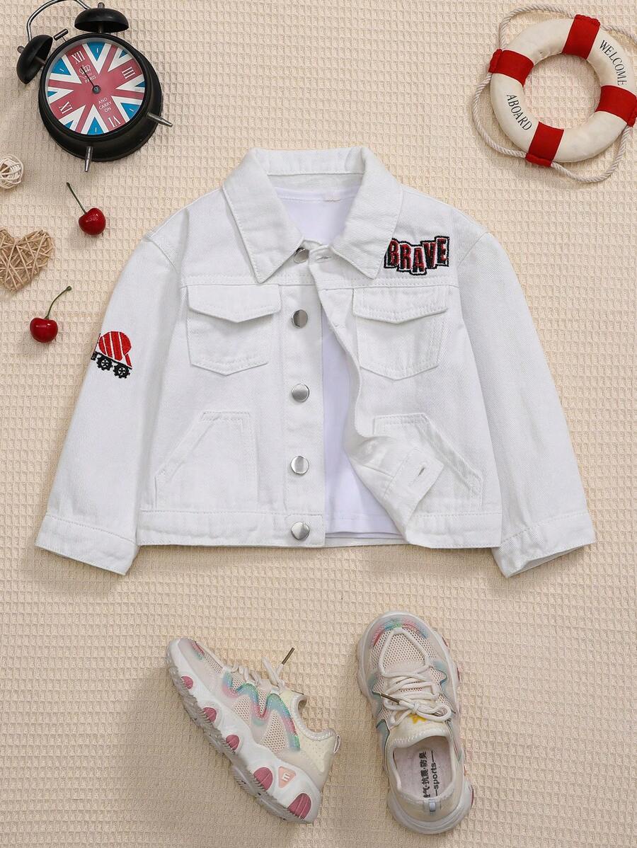 Young Boy Truck & Letter Embroidered Drop Shoulder Denim Jacket - Beige - View 1