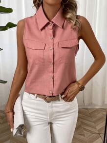 SHEIN LUNE Women'S Sleeveless Shirt With Lapel Collar And Pocket - Dusty Pink - View 6